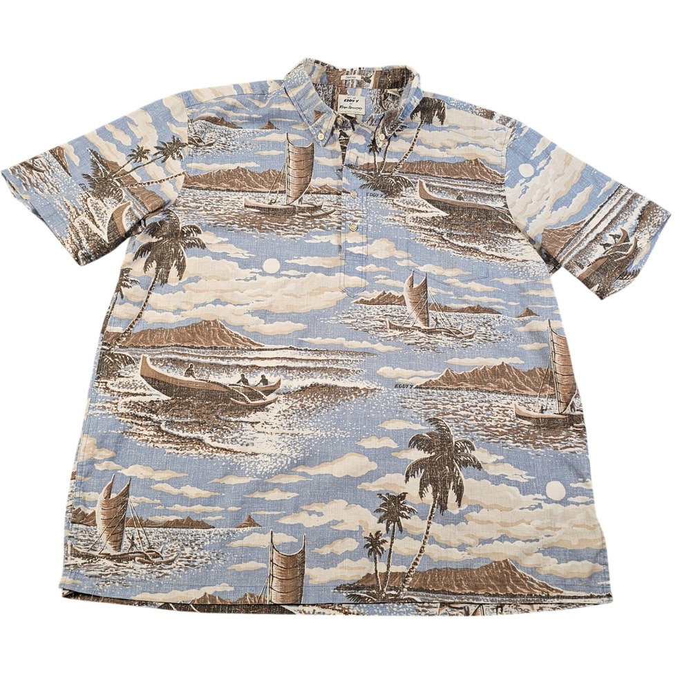 Reyn Spooner Art of Eddy Y Hawaiian Shirt XL Blue Brown Coastal Scenic Pullover